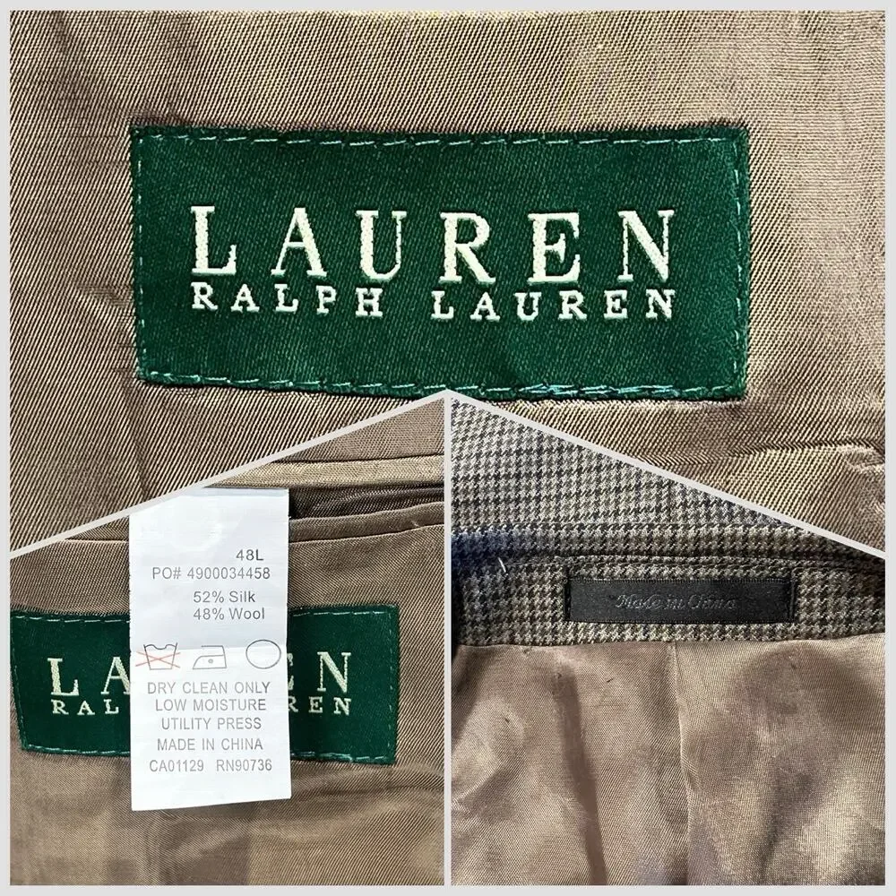 Ralph Lauren LRL 48L Tan Brown Houndstooth Silk Wool Blazer Sport Jacket